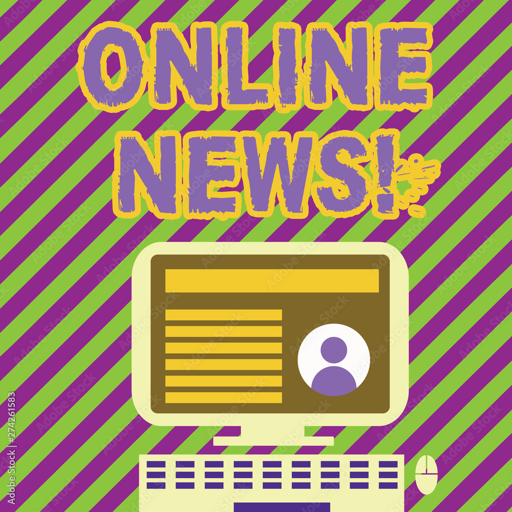 Obraz premium Handwriting text writing Online News. Conceptual photo newly received or noteworthy information about events website Desktop Computer Mounted on Stand with Online Profile Data on Monitor Screen
