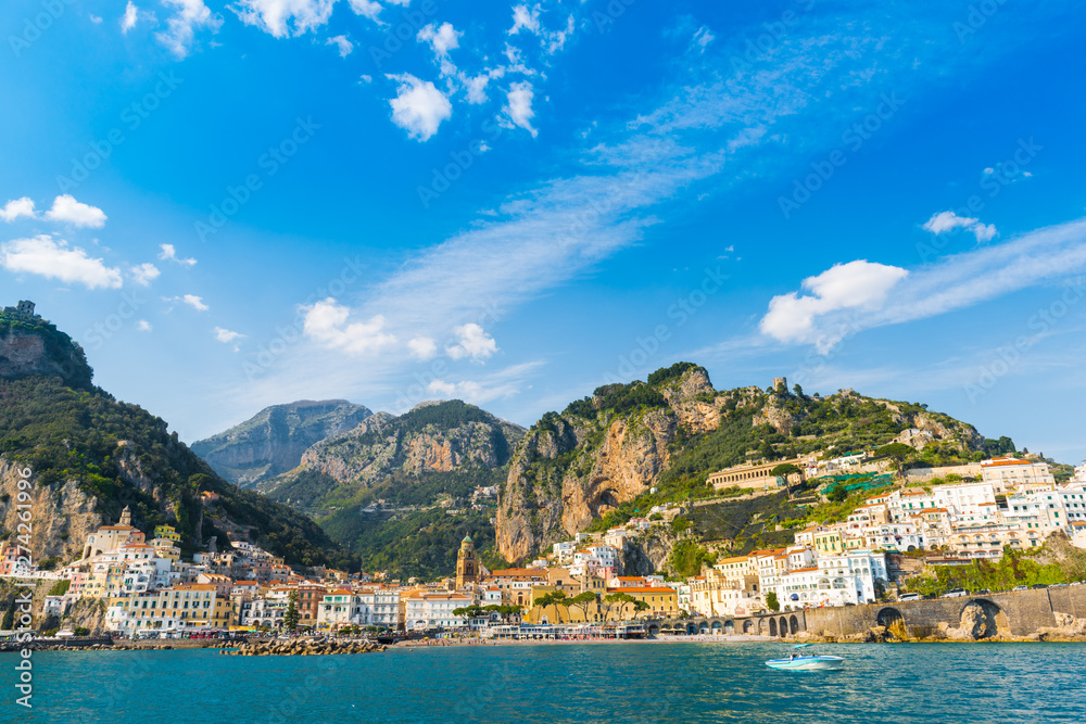 Panoramic view of Amalfi. Italian seaside town on coastline of Tyrrhenian Sea at sunny day