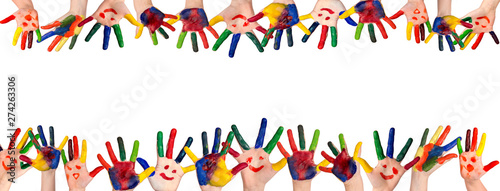 Children s smiling colorful hands raised up. The concept of classroom or back to school