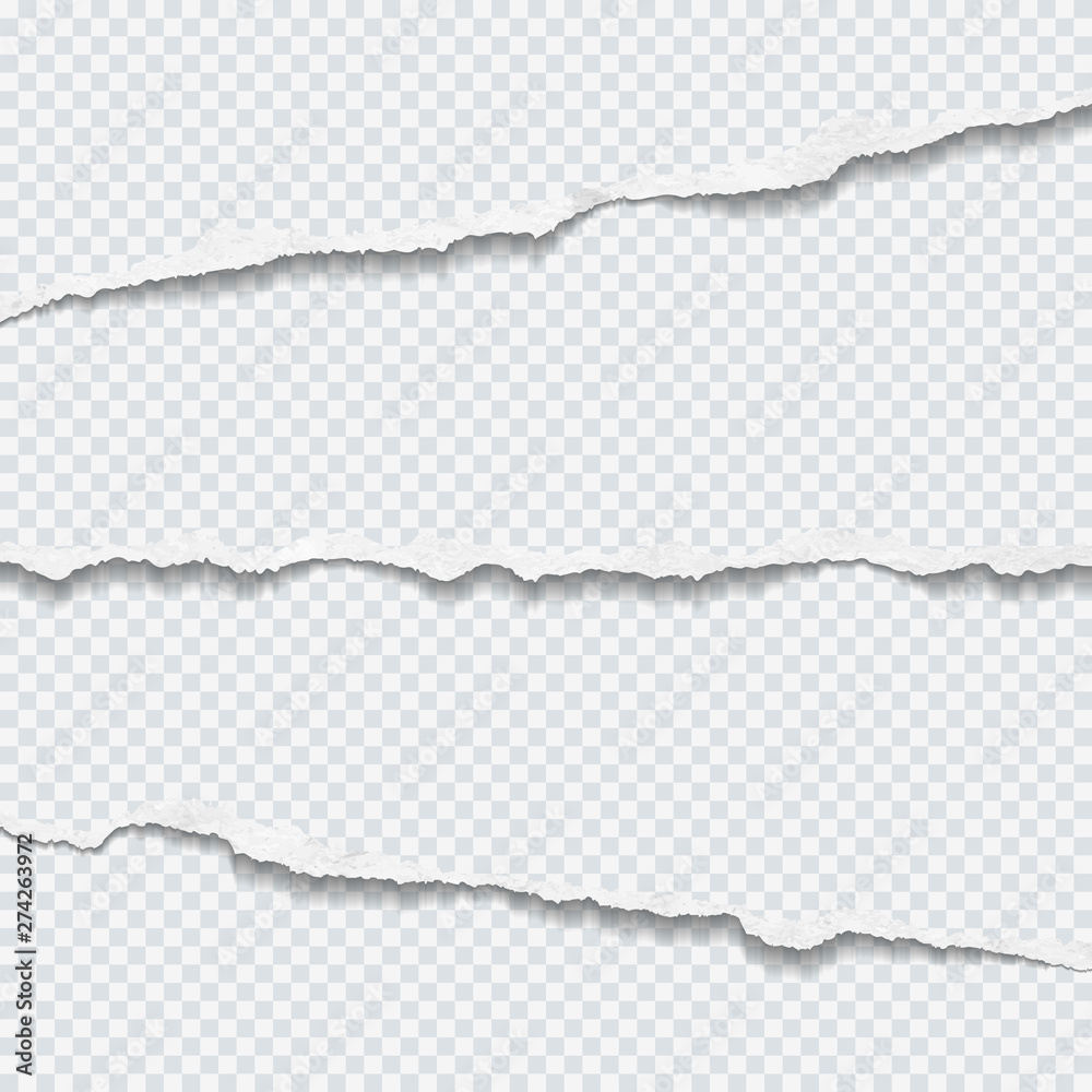 Torn white horizontal paper strips are on squared background. Vector illustration