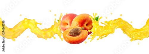 Canvas Fresh ripe peaches, slice and peach juice 3D splash wave
