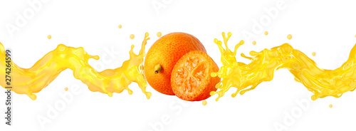 Fresh ripe kumquat and kumquat or kinkan juice 3D splash wave. Healthy food or tropical fruit drink liquid ad label design elements. Tasty smoothie splash isolated, healthy diet concept
