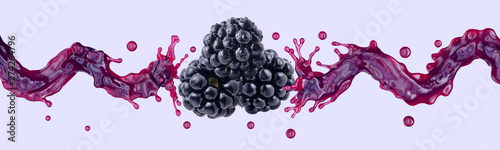 Fresh blackberry juice, smoothie or jam splash 3D swirls with juicy blackberries. Tasty berry juice splashing, blackberry juice isolated. Liquid healthy food or detox drink fruit design