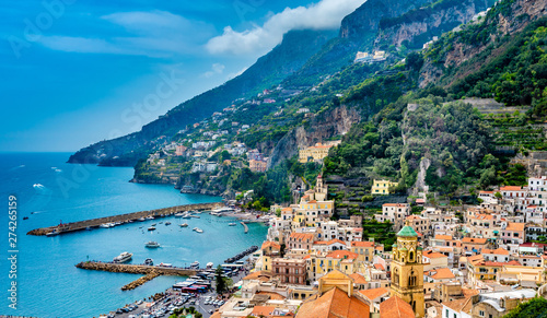 Aerial view of Amalfi town at Amalfi coast, Italy.