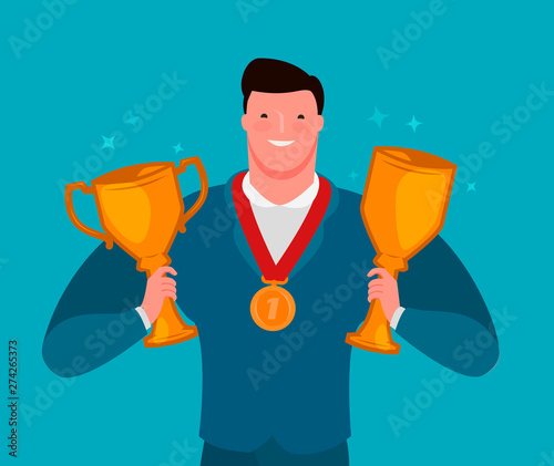 Successful businessman holding the Cup winner. Success, achievement in business. Vector illustration