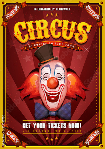 Vintage Circus Poster With Clown Head/ Illustration of retro and vintage circus poster background, with design clown face and grunge texture for arts festival events and entertainment background