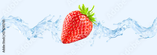 Fresh cold pure flavored water with strawberry wave 3D splash. Clean infused water or liquid fluid wave splash design elements with berries. Healthy flavored detox drink splash concept