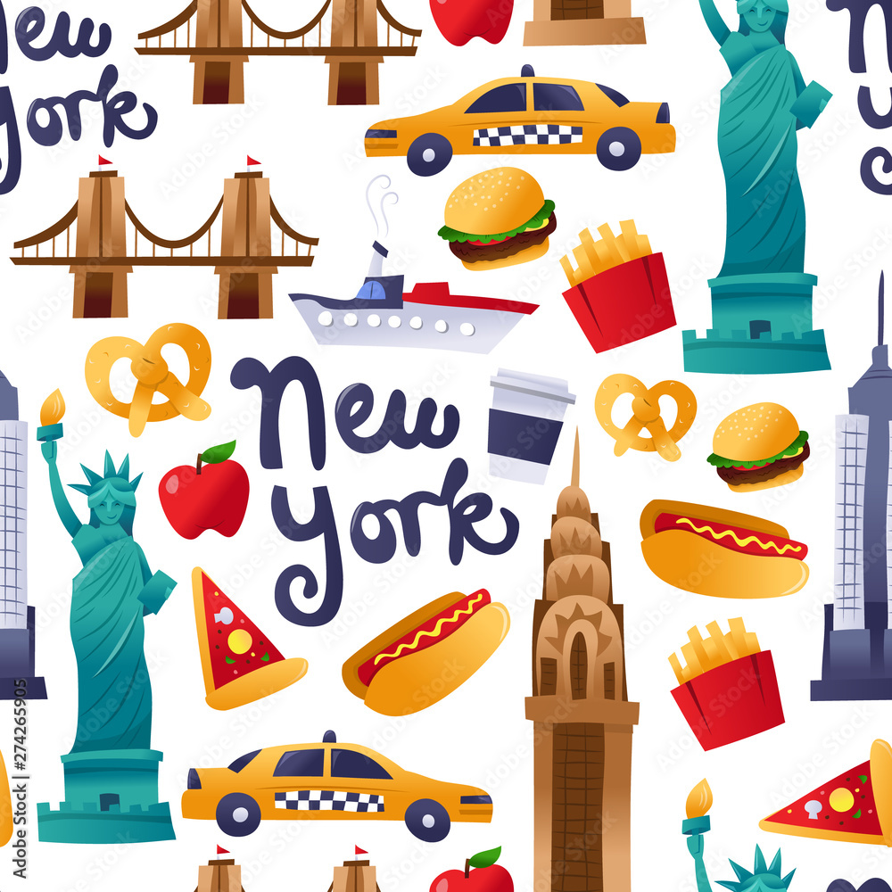 Super Cute New York Culture Seamless Pattern Background Stock Vector