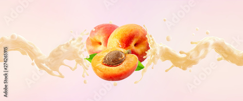 Fototapeta Naklejka Na Ścianę i Meble -  elicious fresh apricots fruit yogurt 3D splash wave with ripe apricots and apricot half. Label, banner advertising element with greek yogurt, cream, smoothie, milk, apricots or peaches