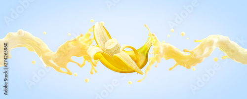 Fotografia Delicious fresh fruit banana yogurt or cream 3D splash waves with ripe banana and banana slices