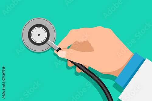 Doctor hand holding stethoscope. Medical equipment inspection. Healthcare. Flat vector illustration on green background