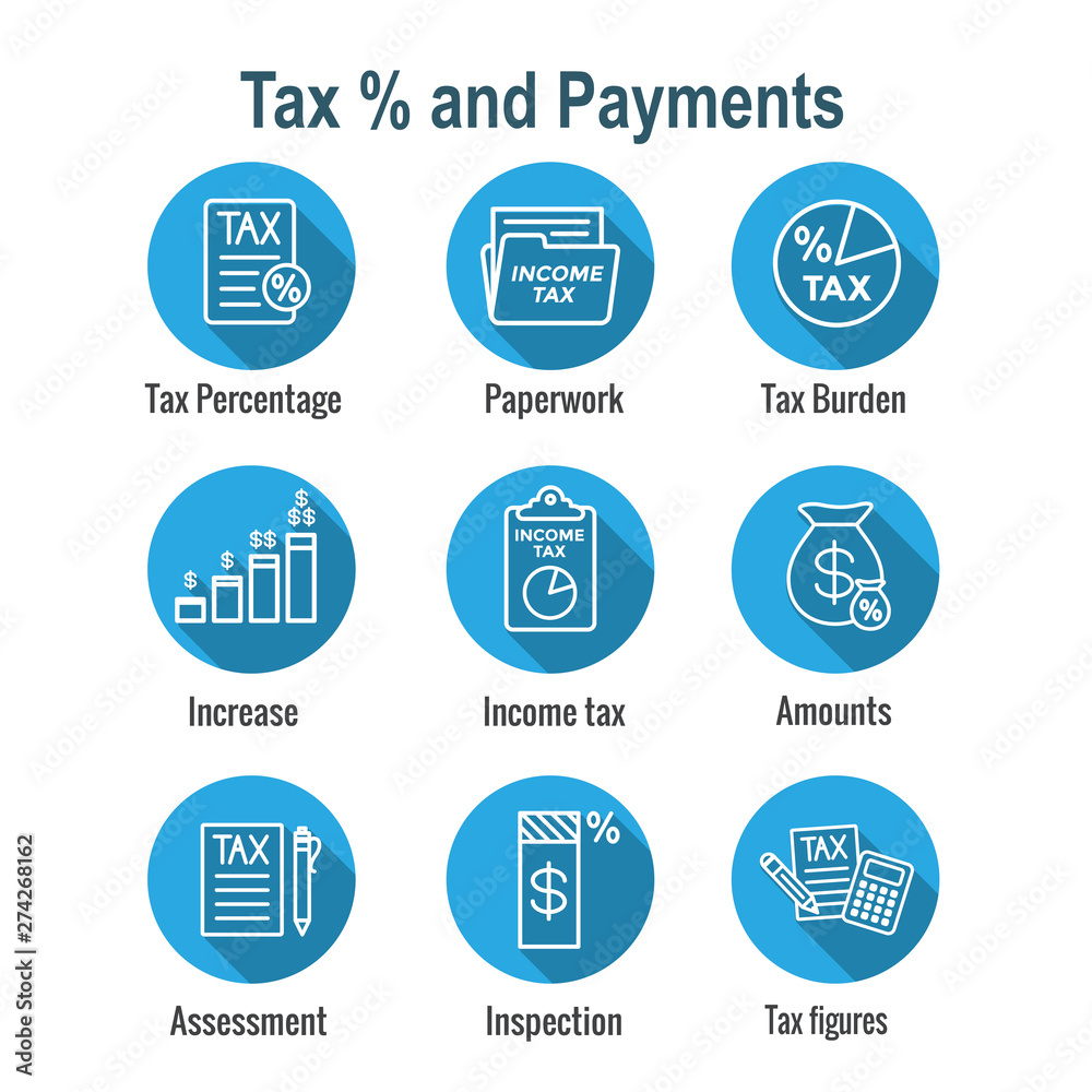Tax concept with percentage paid, icon and income idea. Flat vector outline illustration.