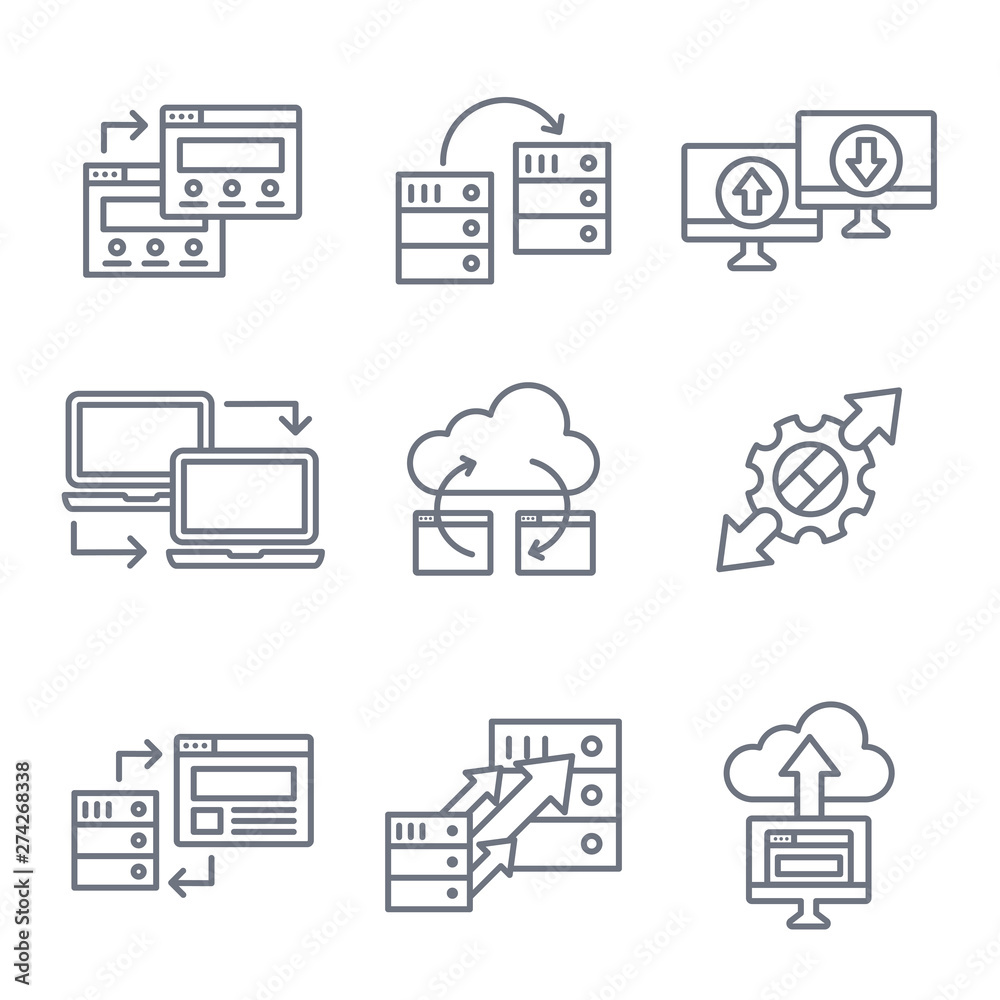 Website Data Transfer Icon Set with laptops, arrows, & imagery of transfer