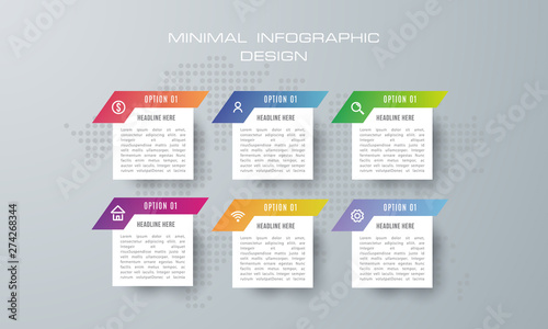 Infographic template with 6 options, workflow, process chart,Timeline infographics design vector can be used for workflow layout, diagram, annual report, web design, steps or processes. - Vector