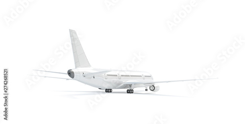 Blank white airplane mockup stand, backside view isolated, 3d rendering. Clear aerobus tailplane mock up template. Empty aeroplane model with empennage. Clean aircraft fin mock-up.