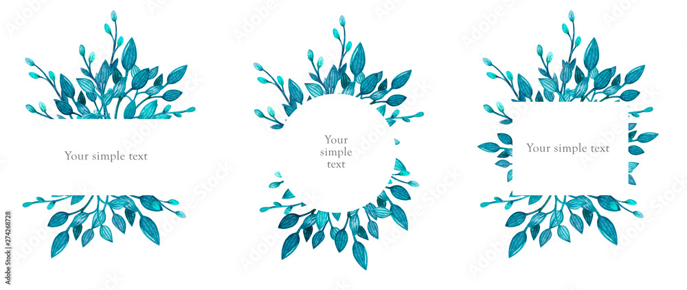 Hand drawn watercolor set of floral wreath isolated on a white background. Use for creating invitations, greeting cards. Botanical illustration. Watercolor frame