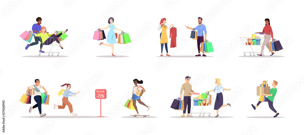 Shopping flat vector illustrations set. People with bags, purchases isolated cartoon characters on white background. Special offer, seasonal finale sale, discount. Grocery, fashion, holiday presents