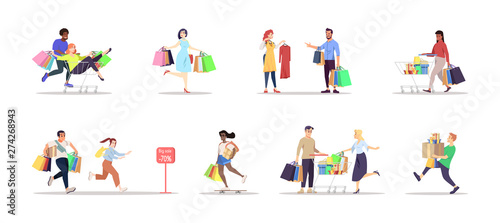 Shopping flat vector illustrations set. People with bags, purchases isolated cartoon characters on white background. Special offer, seasonal finale sale, discount. Grocery, fashion, holiday presents