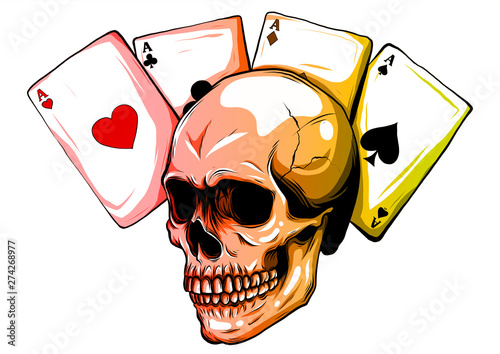 Skulls with playing cards. Set of vector illustrations.