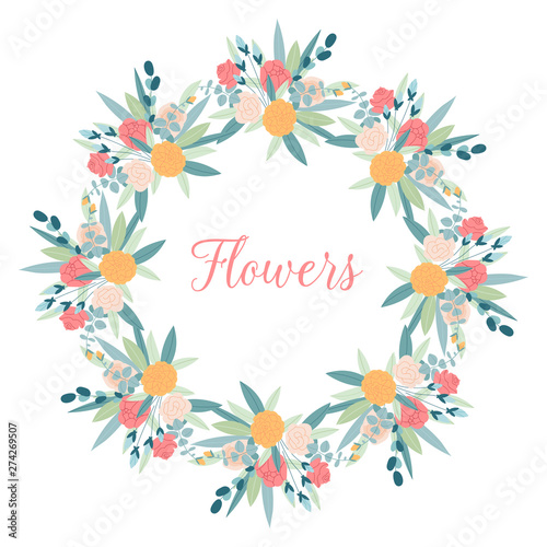 Vector circle frame flowers on white background. Gentle floral design. Can be used as design element for wedding   greeting card  package.