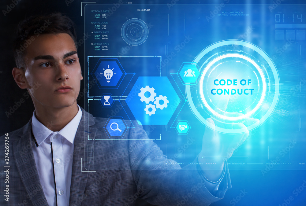 The concept of business, technology, the Internet and the network. A young entrepreneur working on a virtual screen of the future and sees the inscription: Code of conduct The concept of business, technology, the Internet and the network. A young entrepreneur working on a virtual screen of the future and sees the inscription: Code of conduct