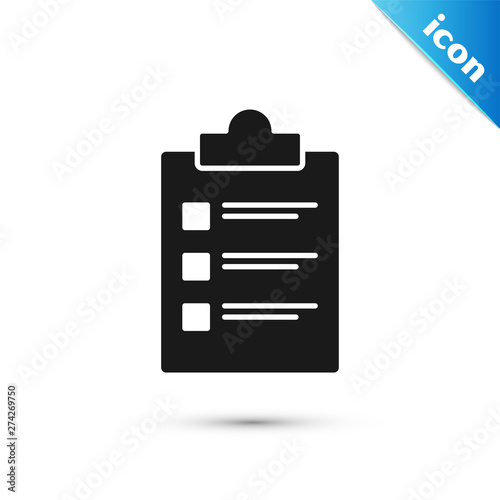 Black Clipboard with checklist icon isolated on white background. Control list symbol. Survey poll or questionnaire feedback form. Vector Illustration