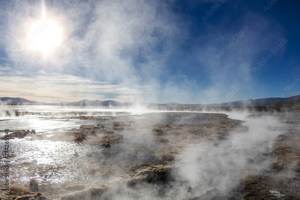 Aguas termales de Polques, hot springs with a pool of steaming natural thermal water in Bolivia Aguas termales de Polques, hot springs with a pool of steaming natural thermal water in Bolivia