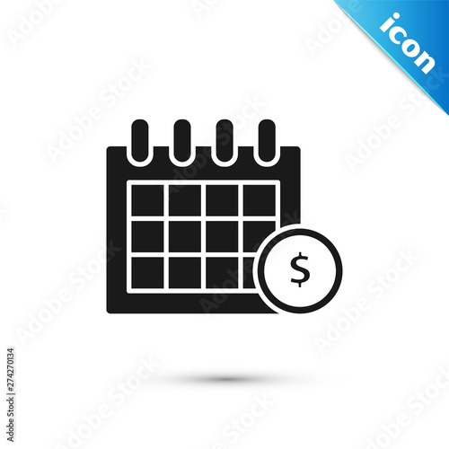 Black Financial calendar icon isolated on white background. Annual payment day, monthly budget planning, fixed period concept, loan duration. Vector Illustration