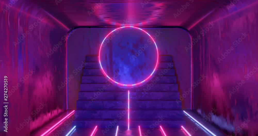 3d rendering, abstract neon background, pink blue glowing light, staircase in dark room