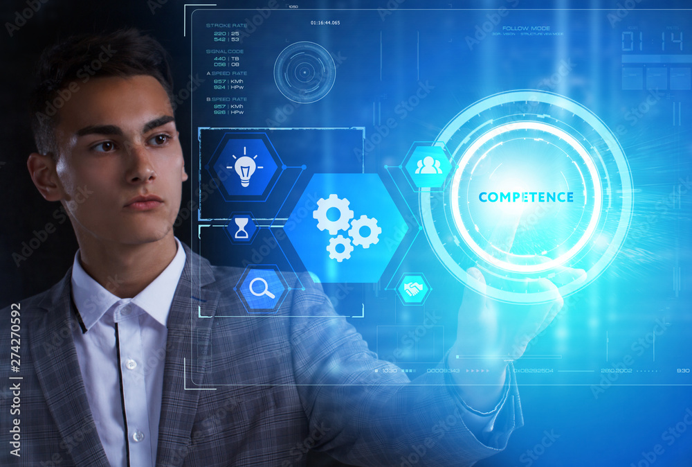 The concept of business, technology, the Internet and the network. A young entrepreneur working on a virtual screen of the future and sees the inscription: Competence The concept of business, technology, the Internet and the network. A young entrepreneur working on a virtual screen of the future and sees the inscription: Competence