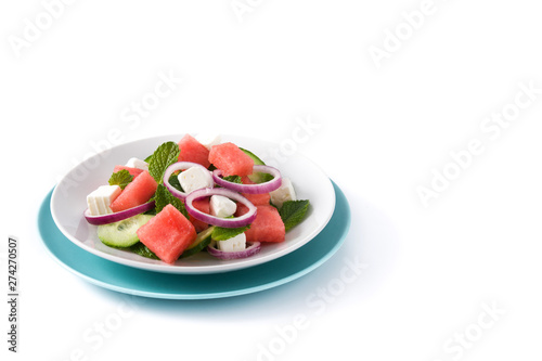 Watermelon salad with feta cheese isolated on white background. Copyspace