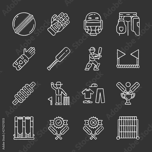 Cricket championship chalk icons set. Sport uniform, protective gear, game equipment. Outdoor athletic activity. Bat and ball team game. Match preparation. Isolated vector chalkboard illustrations