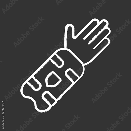 Cricket arm guard chalk icon. Body protection for batsman. Arm pad on hand. Protective clothing. Sport equipment. Protecting forearm for better frame. Isolated vector chalkboard illustration