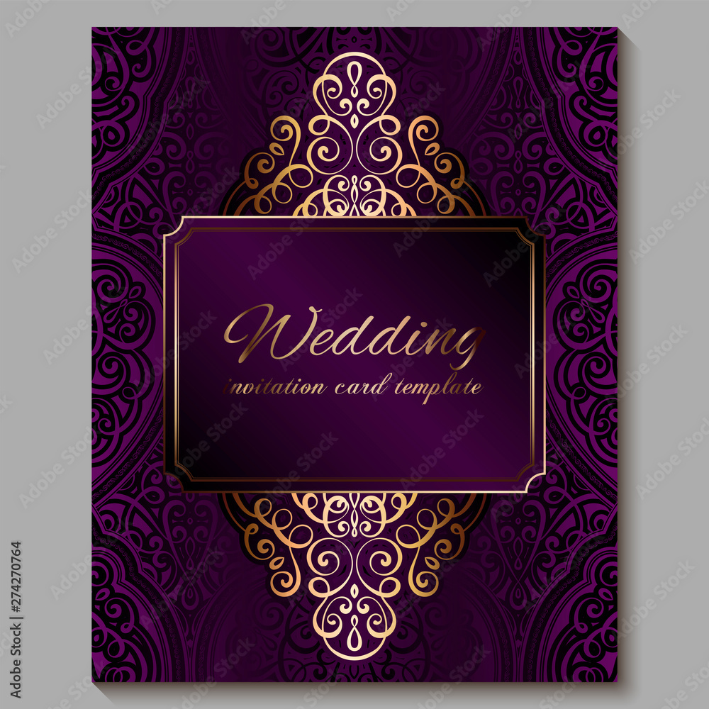 Wedding invitation card with gold shiny eastern and baroque rich foliage. Royal purple Ornate islamic background for your design. Islam, Arabic, Indian, Dubai. Wedding invitation card with gold shiny eastern and baroque rich foliage. Royal purple Ornate islamic background for your design. Islam, Arabic, Indian, Dubai.