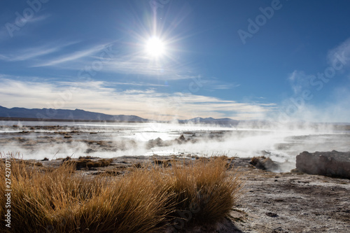 Aguas termales de Polques  hot springs with a pool of steaming natural thermal water in Bolivia