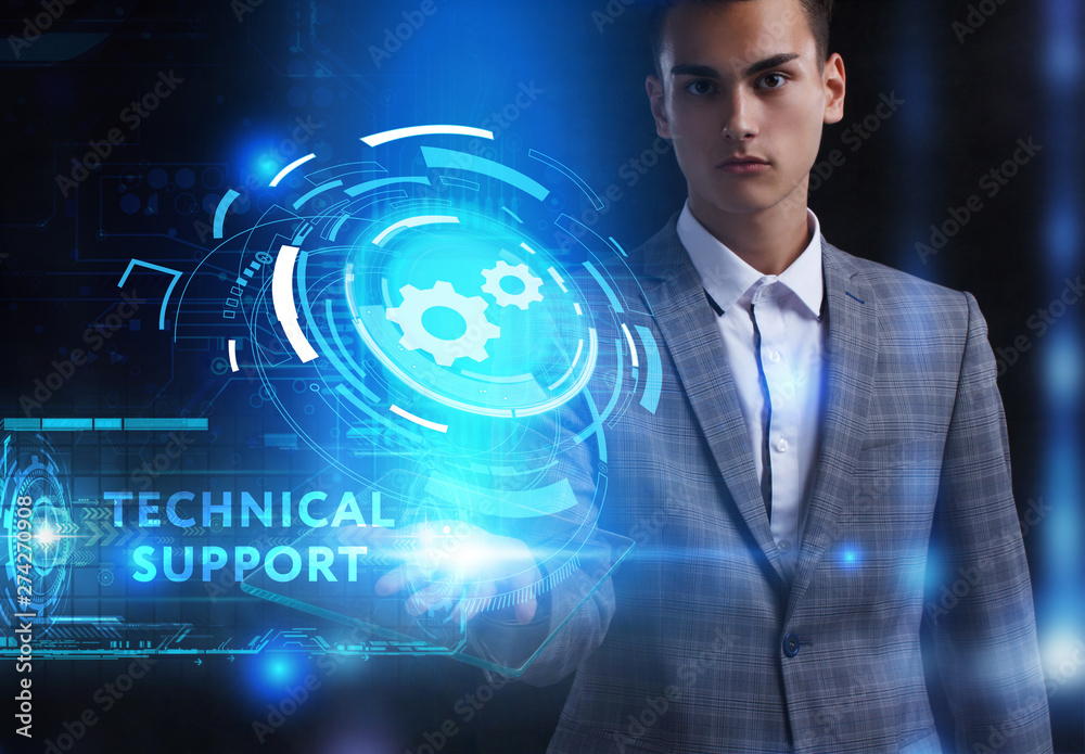 The concept of business, technology, the Internet and the network. A young entrepreneur working on a virtual screen of the future and sees the inscription: Technical support The concept of business, technology, the Internet and the network. A young entrepreneur working on a virtual screen of the future and sees the inscription: Technical support
