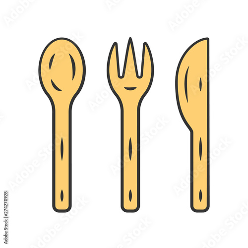 Reusable bamboo cutlery set color icon