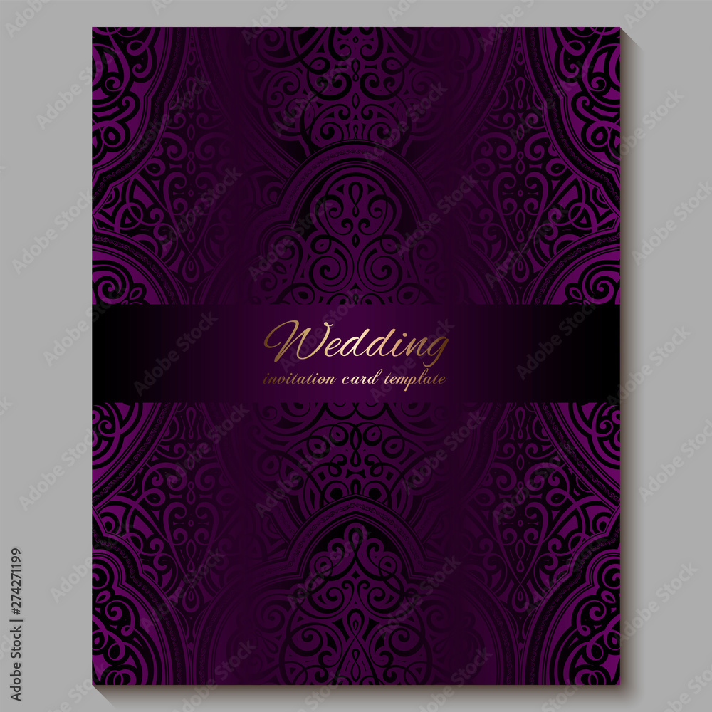 Wedding invitation card with gold shiny eastern and baroque rich foliage. Royal purple Ornate islamic background for your design. Islam, Arabic, Indian, Dubai.