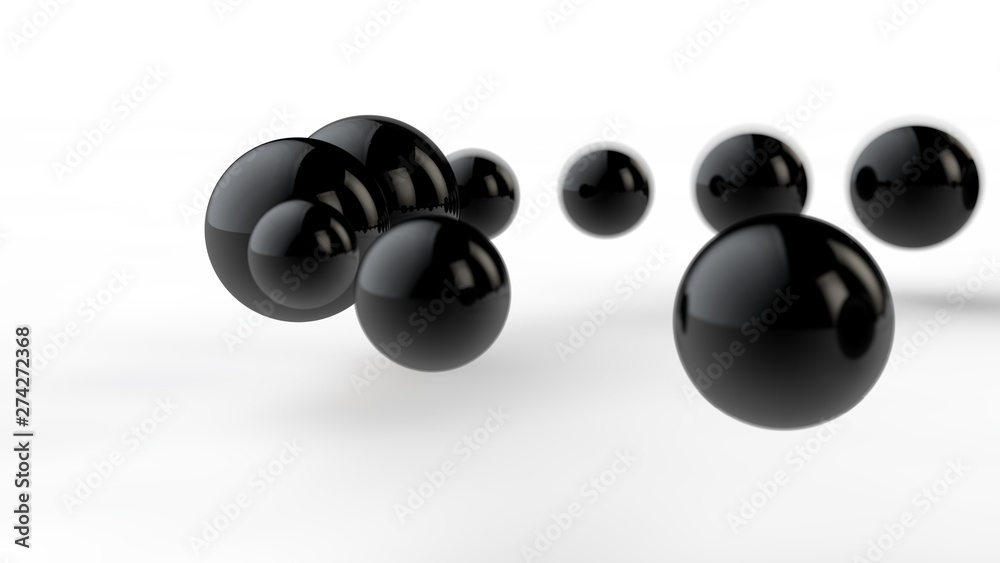 3D illustration of large and small black balls, spheres, geometric shapes isolated on a white background. Abstract, futuristic, the image of objects of ideal form. 3D rendering of the idea of order 3D illustration of large and small black balls, spheres, geometric shapes isolated on a white background. Abstract, futuristic, the image of objects of ideal form. 3D rendering of the idea of order