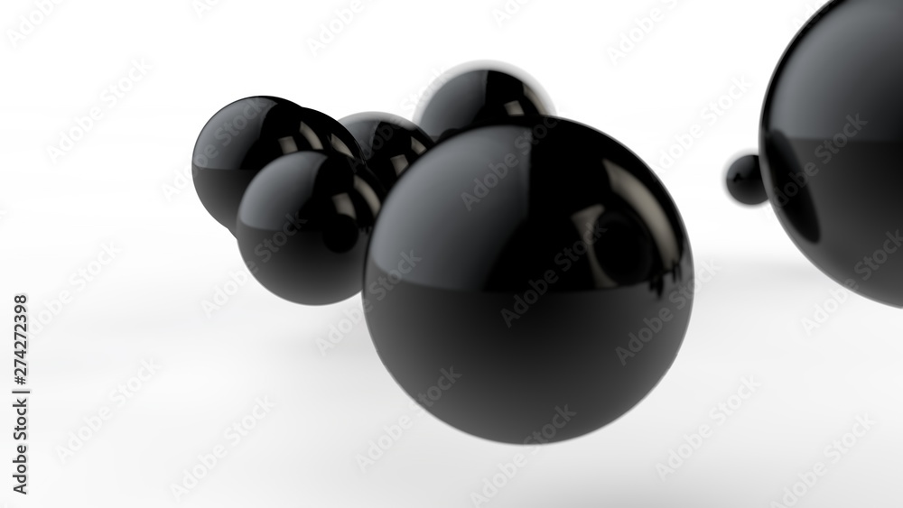 3D illustration of large and small black balls, spheres, geometric shapes isolated on a white background. Abstract, futuristic, cropped image of perfectly shaped objects. 3D rendering