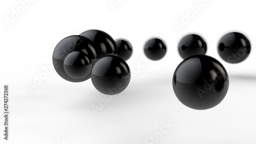 3D illustration of large and small black balls, spheres, geometric shapes isolated on a white background. Abstract, futuristic, the image of objects of ideal form. 3D rendering of the idea of order