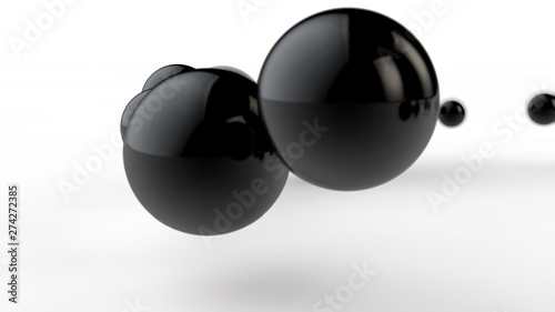 3D illustration of large and small black balls, spheres, geometric shapes isolated on a white background. Abstract, futuristic, the image of objects of ideal form. 3D rendering of the idea of order