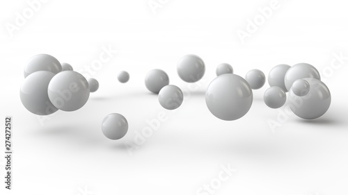 Ilustracja 3D wielu małych białych kulek, kule ułożone w pierścień nad białą powierzchnią odbierającą cienie. Renderowanie 3D abstrakcyjnego tła, futurystyczny design, idealne geometryczne bryły.