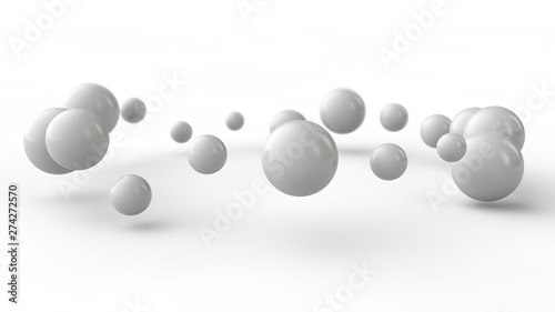 Ilustracja 3D wielu małych białych kulek, kule ułożone w pierścień nad białą powierzchnią odbierającą cienie. Renderowanie 3D abstrakcyjnego tła, futurystyczny design, idealne geometryczne bryły.