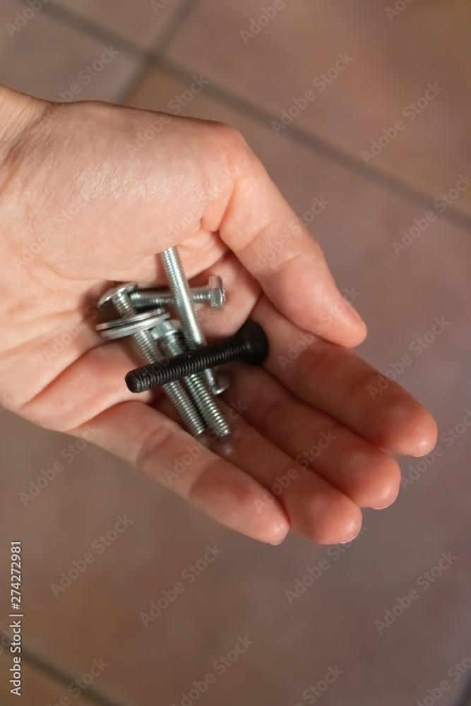 A hand holding different types of metal bolts - Image