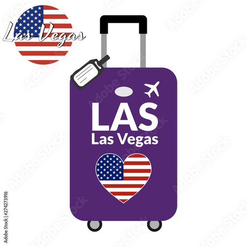 Luggage with airport station code IATA or location identifier and destination city name Las Vegas, LAS. Travel to the United States of America concept. Heart shaped flag of the USA on the baggage.