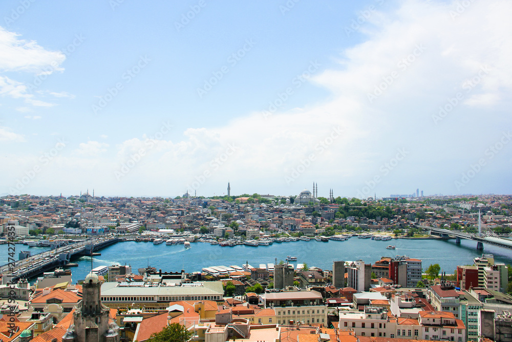 View of Golden Horn and Galata Bridge from Galata tower, Sultanahmet skyline in Istanbul, Turkey