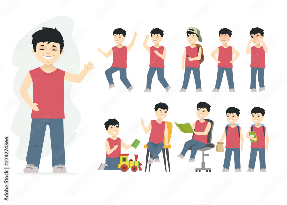 Chinese boy - vector cartoon people character set Chinese boy - vector cartoon people character set