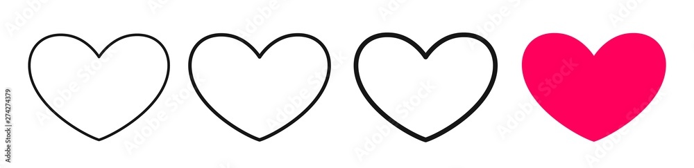 Heart shaped contour of different thickness. Sign, symbol, icon favorites for interface design. Vector hearts isolated on white background.