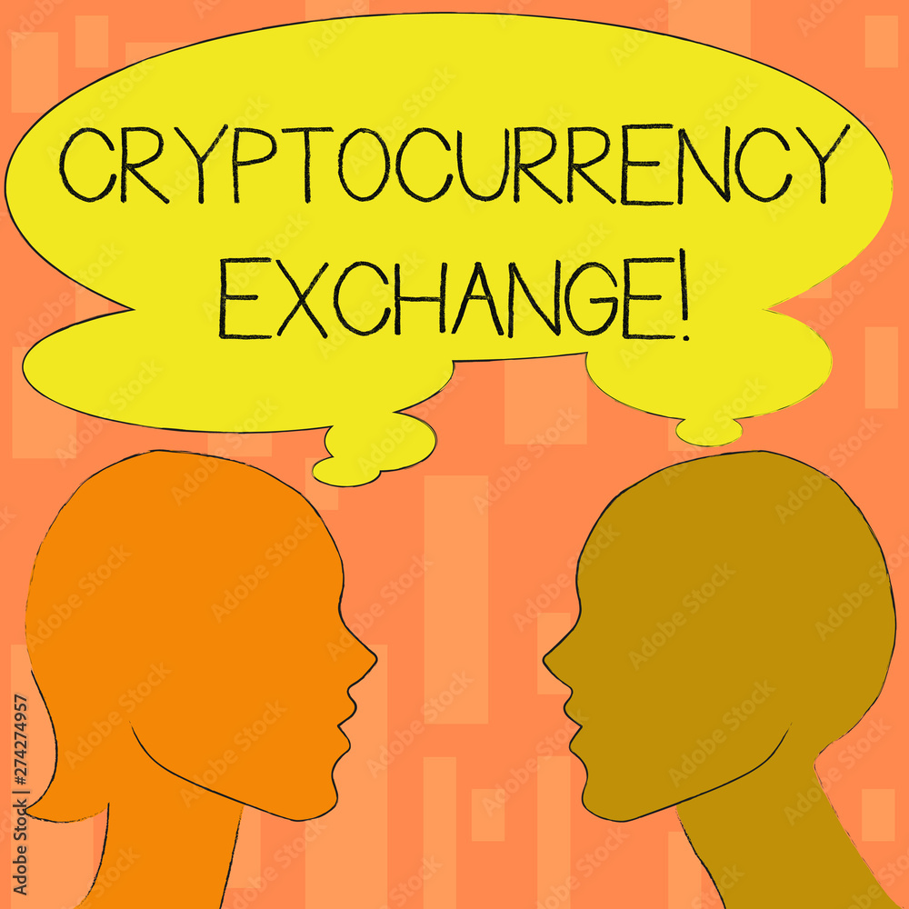 Word writing text Cryptocurrency Exchange. Business photo showcasing business allows customers to trade cryptocurrencies Silhouette Sideview Profile Image of Man and Woman with Shared Thought Bubble